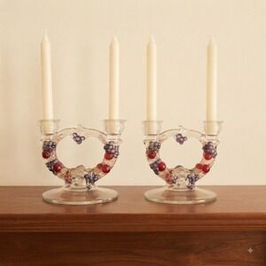 Vintage Glass Fruit Heart Taper Candle Holders Pair Grapes Cherries 5.5in